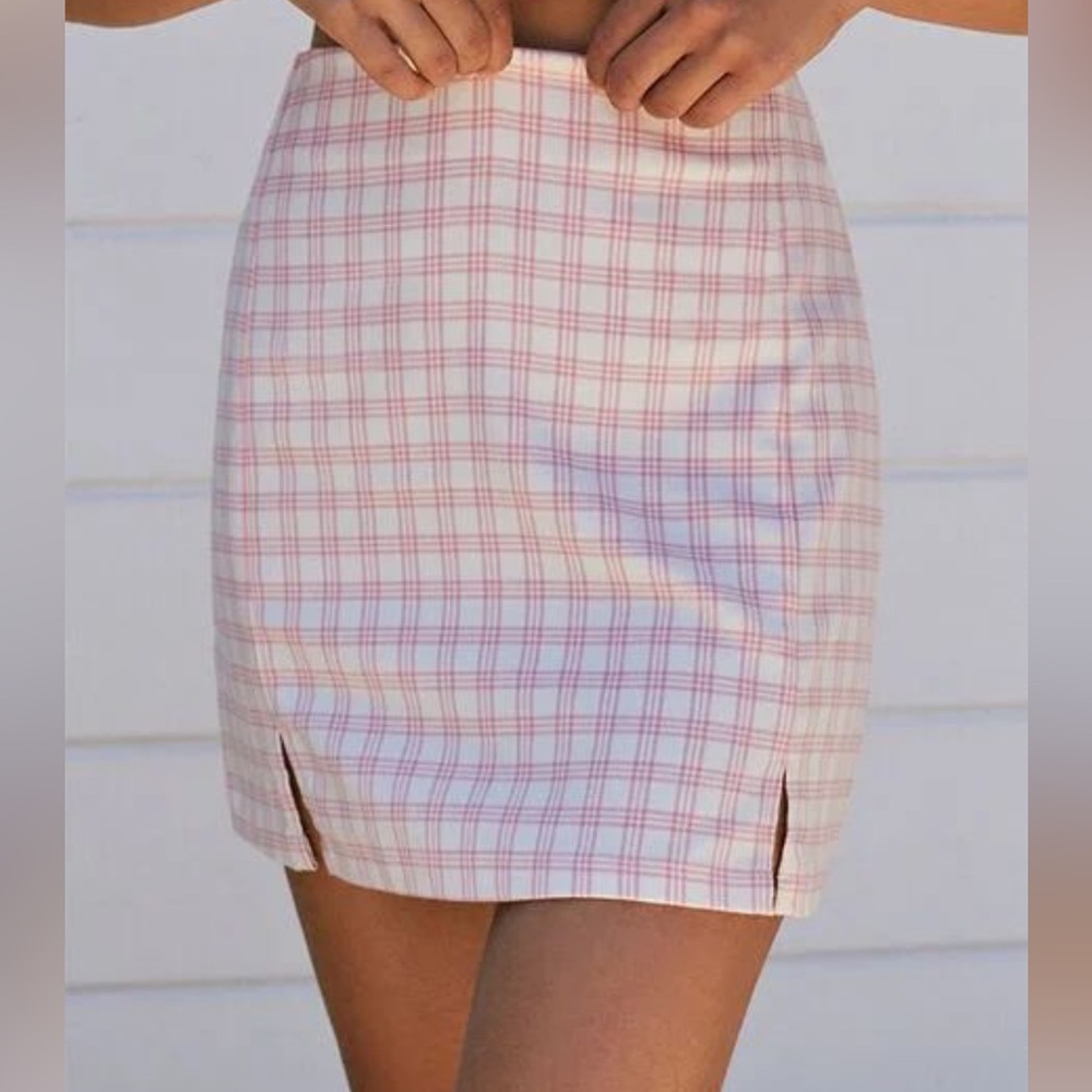 Brandy Melville John Galt Cream/Pink Gingham Plaid Kick Pleat CARA Skirt 24”-25”